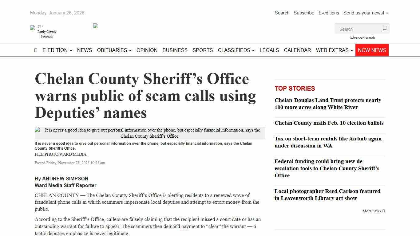 Chelan County Sheriff’s Office warns public of scam calls using Deputies’ names - The Leavenworth Echo